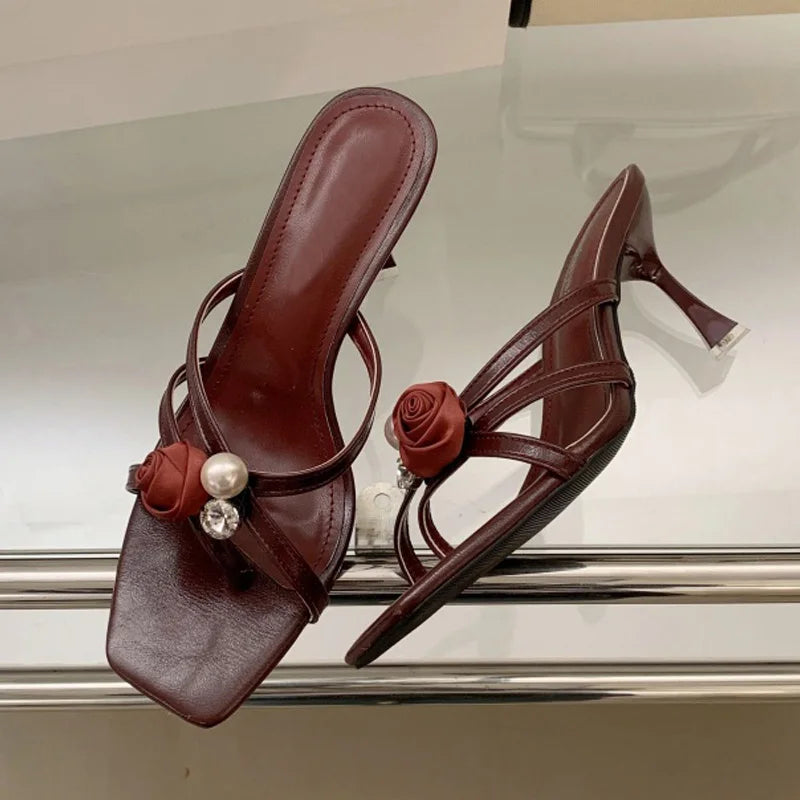 Cyflymder  Wine Red Flowers Pearl Women Slippers Sandals Fashion Square Open Toe Thin High Heels Mules Slides Summer Party Dress Shoe
