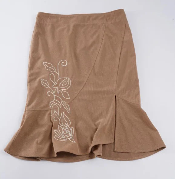 Cyflymder  Vintage Embroidered Mermaid Midi Skirt Women High Waist Ruffle Hem Khaki Long Skirt Chic Asymmetrical Streetwear Skirts