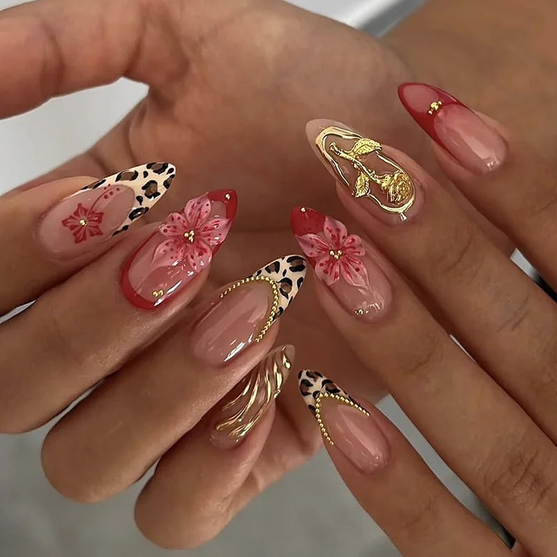 Cyflymder  24Pcs Medium Almond Colorful Floral Patterns Press on Nails Fresh French Summer Fashion Beauty Nails Tips Gradient Wearing Nails