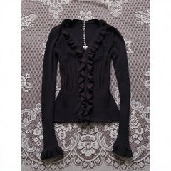 Cyflymder  Women Y2K Ruffle V Neck Knit Cardigan Slim Flare Long Sleeve Ribbed Knitted Top Vintage Gothic Streetwear Button Front Sweater