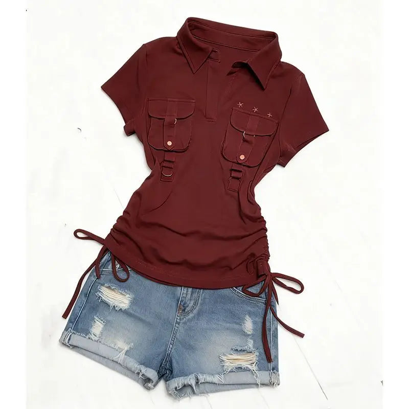 Cyflymder   Hot Girl Workwear Short-sleeve T-shirt Summer American Vintage Slim-fitting Drawstring Waist-controlling Fashion Top