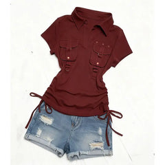Cyflymder   Hot Girl Workwear Short-sleeve T-shirt Summer American Vintage Slim-fitting Drawstring Waist-controlling Fashion Top