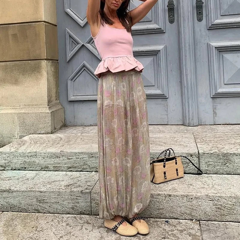 Cyflymder  Women Flower Print See Through Pants Pleated Loose Trousers Spring New Fashion Summer Holiday Casual High Street Sweatpants