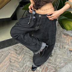Cyflymder   Women Striped Relaxed Fit Jeans Retro Low Rise Wide Leg Denim Pants Grunge Loose Trousers Spring Y2K Clothes