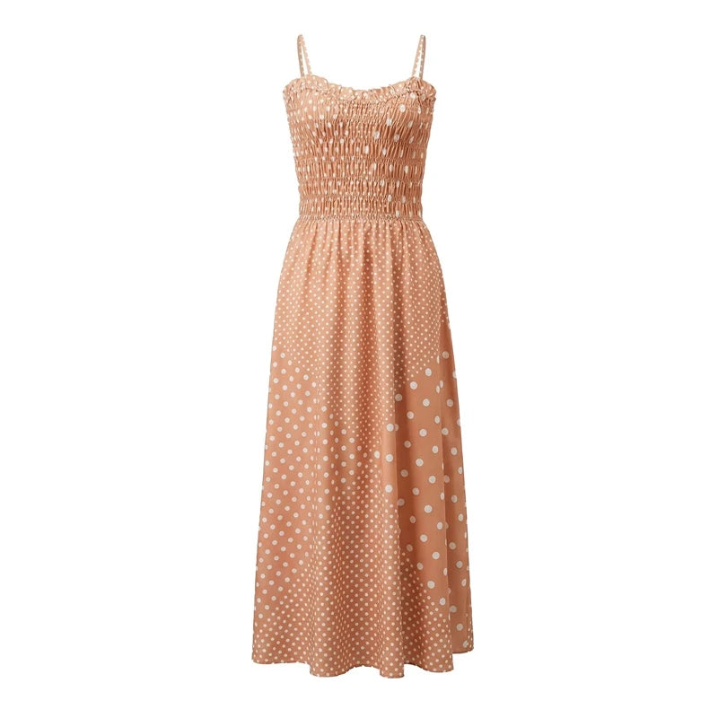Cyflymder  Women Polka Dot Print Dress Shirred Sleeveless Spaghetti Strap Maxi Dress Beach Vacation Party Night Cocktail Dress