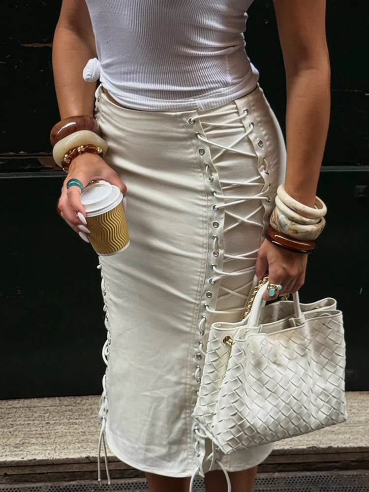 Cyflymder  Trendy High Waist Midi Skirt For Women Lace-Up Sides Ruched Mermaid Hem Bodycon Dress Lady's Solid Color Streetwear Skirts
