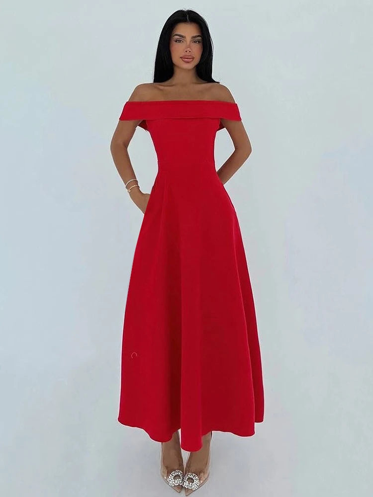 Cyflymder  Classic Sexy Slash Neck Dress Women Elegant Solid Simple Office Birthday Evening Cocktail Party Stretchy Maxi Bodycon