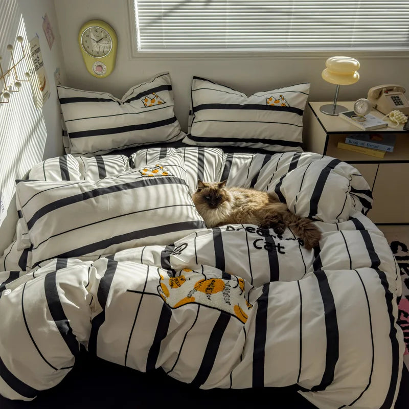 Cyflymder  new student cartoon washed cotton towel embroidered three or four-piece set bed sheet quilt cover mattress bedding