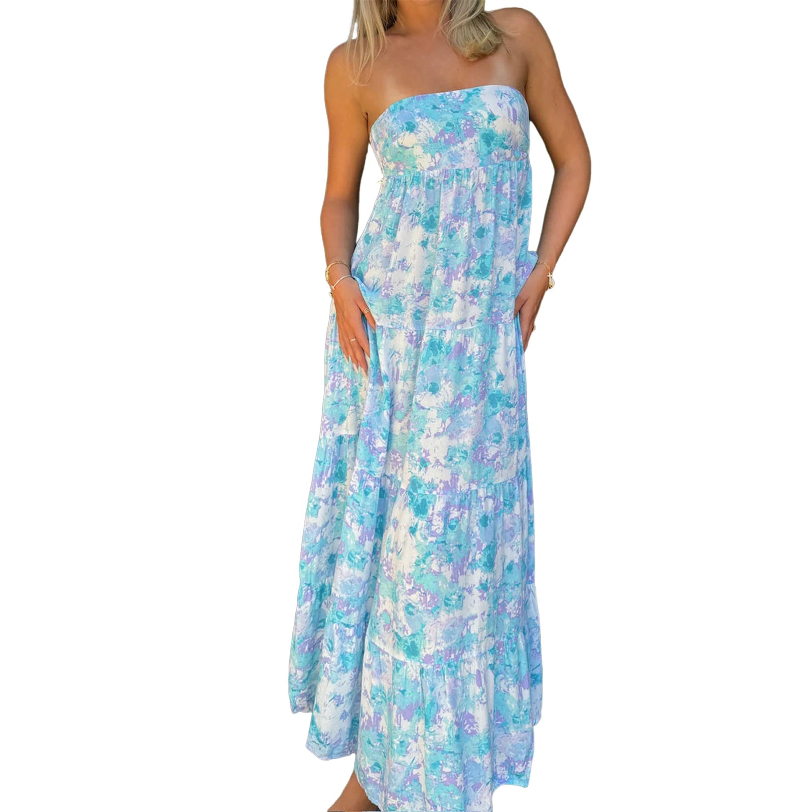 Cyflymder  Elegant Off-Shoulder Maxi Dress with Boho Floral Print and Lace-Up Back Detail for Summer Wedding Party or Vacation Beachwear