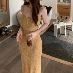 Cyflymder  Women Yellow Floral Lace Slip Dresses French Style V Neck Slim Summer Beach Vacation Bodycon Split Waist Back Bag Hip Long Dress