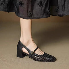 Cyflymder  French Single Shoes Women Spring Summer Cutout Woven Square Toe Kitten Heel Block Heel Off-White Sandals