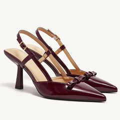 Cyflymder    Women's Size 41 Elegant Burgundy Pointy Toe Slingback Pumps Summer Bowknot High Kitten Heels Black Office Lady Shoes