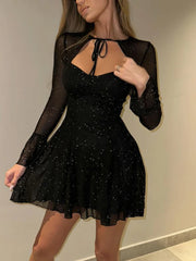 Cyflymder  Sexy Sparkly Sheer Mesh Party Dress Women Fashion Black Tie-up Low Cut Front Long Sleeve A Line Mini Midnight Club Dress