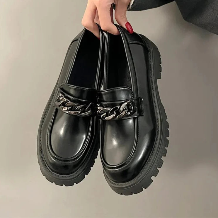 Cyflymder Chunky Heel Platform Metal Chain loafers Women Pumps Black round toe small leather shoes Female Casual Retro JK Uniform shoes