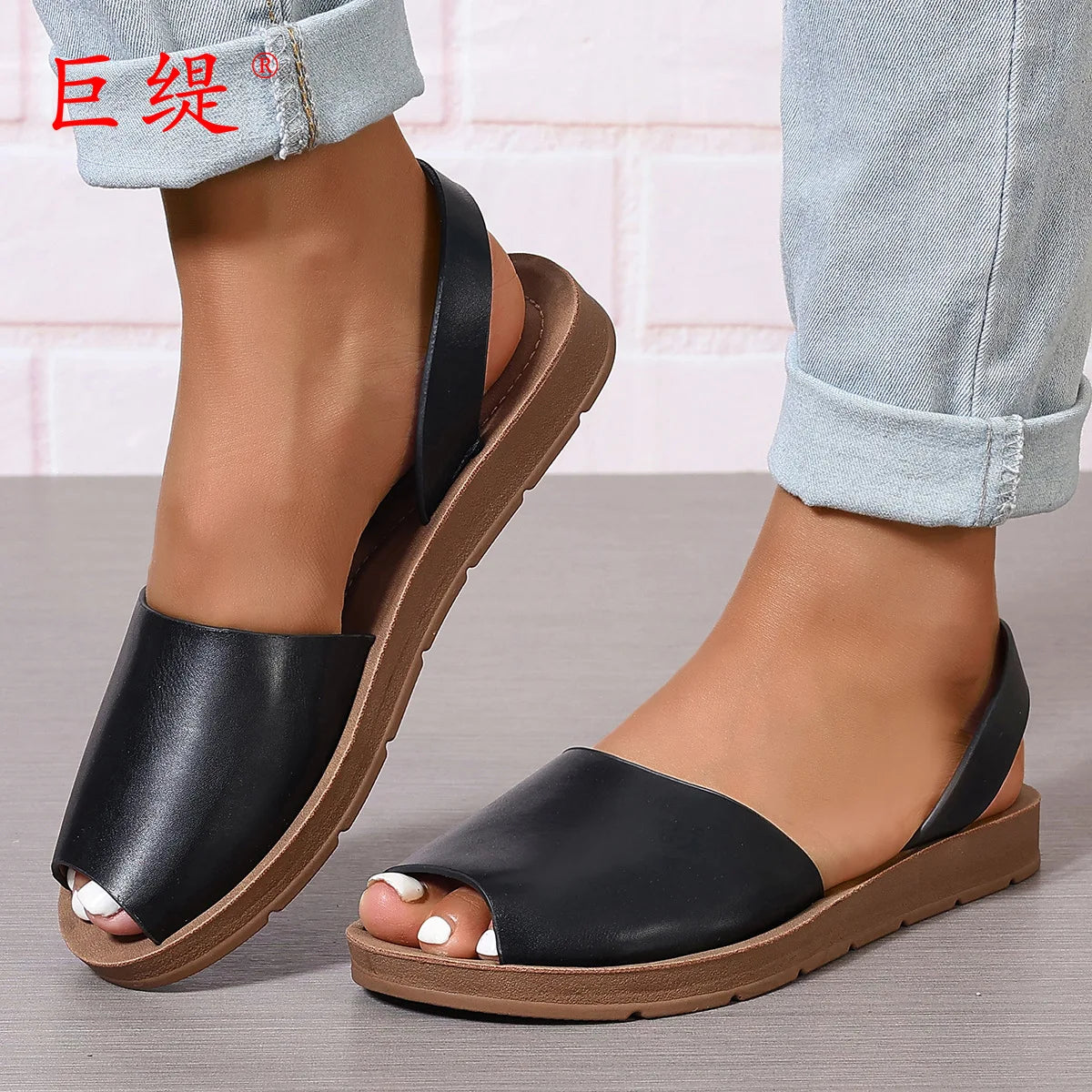 Cyflymder  Women's Peep Toes Back Strap Sandals Woman 2.5 cm Flat Shoes Summer Ladies Barefoot Slip on Sandal White Black 42 43