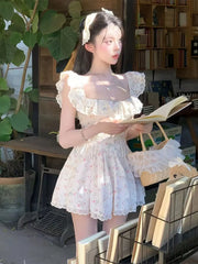 Cyflymder  French Style Hot Girl Floral Dress Women's Spring Lace Slim Fit Square Collar Strap A-line Short Dress Fashion Female Clothes