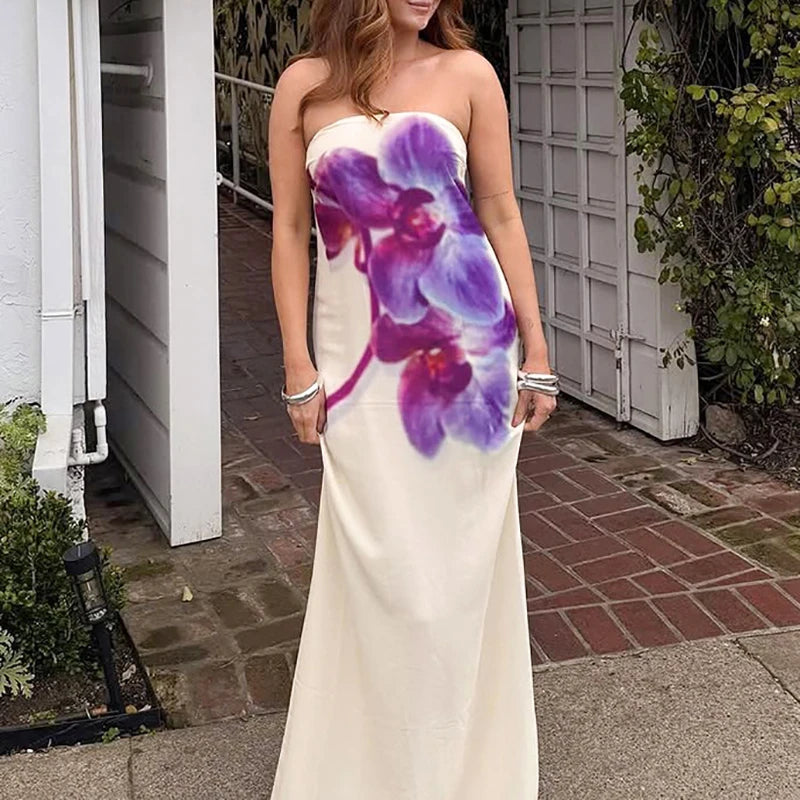 Cyflymder  Spring Fashion Flower Print Women Long Dress Sexy Strapless Backless Hollow Evening Dress Summer Off Shoulder Holiday Maxi Dress