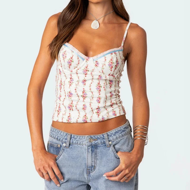 Cyflymder  Women Y2K Floral Mesh Cami Top Spaghetti Strap Low Cut Crop Top Flower Print Patchwork Sheer Mesh Tank Top