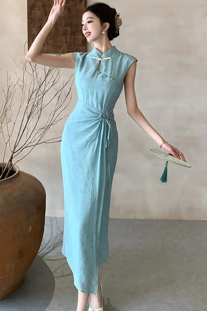 Cyflymder  Chinese Style Thin Dress Women Spring and Summer Stand Collar Cheongsam Slim Fit Dress Fashion Female Clothes