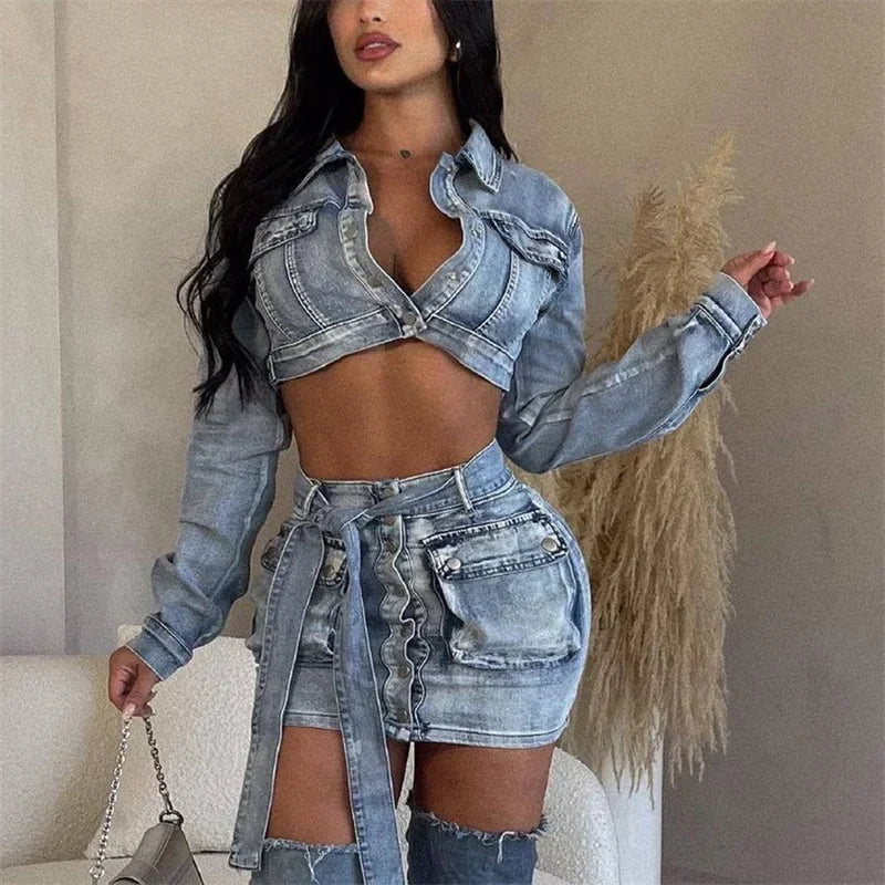 Cyflymder  Women Ultra Short Jacket Denim Suits High Waist Lace-up Single-breasted Open Crotch Splicing Pockets Skirt Female Two Piece Sets