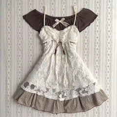 Cyflymder  Summer Sweet Vintage Skirt Set Women Sexy Off Shoulder Bow Tops + Cute Outerwear Lace Strap Vest + Y2k Retro Plaid Mini Skirt