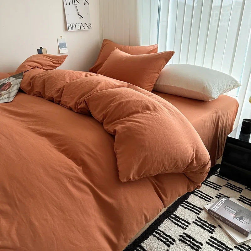Cyflymder  Bed Linen Solid Cotton Bedding Set with Sheet Duvet Cover Pillowcases Single Couple Bedsheet King Queen Double Twin Size