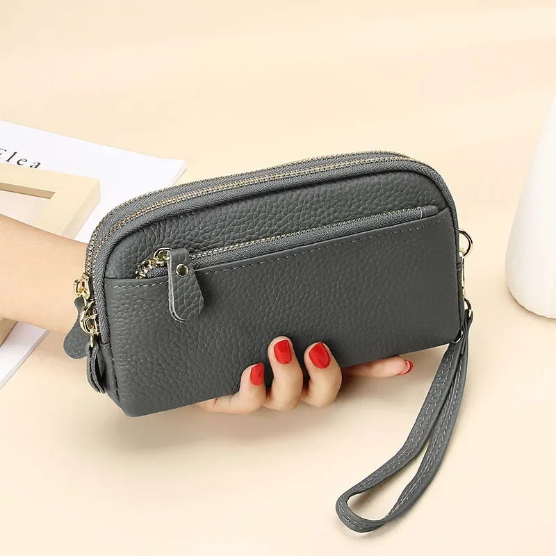 Cyflymder  Genuine Leather Women Double Zip Wallet new Ladies Clutch Purse Cowhide Wristlet Bag Coin Purse Fashion Mobile Phone Bags