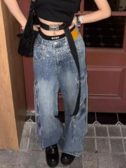 Cyflymder  Women's Vintage Heavy Duty Denim Cargo Pants Y2K Streetwear Hip Hop Wide Leg Baggy Jeans with Rhinestones Multi-Pockets