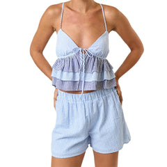 Cyflymder  Women's Summer 2Pieces Striped Outfits Sweet Loungewear Spaghetti Strap Deep V Neck Layered Ruffle Tops Elastic Waist Shorts