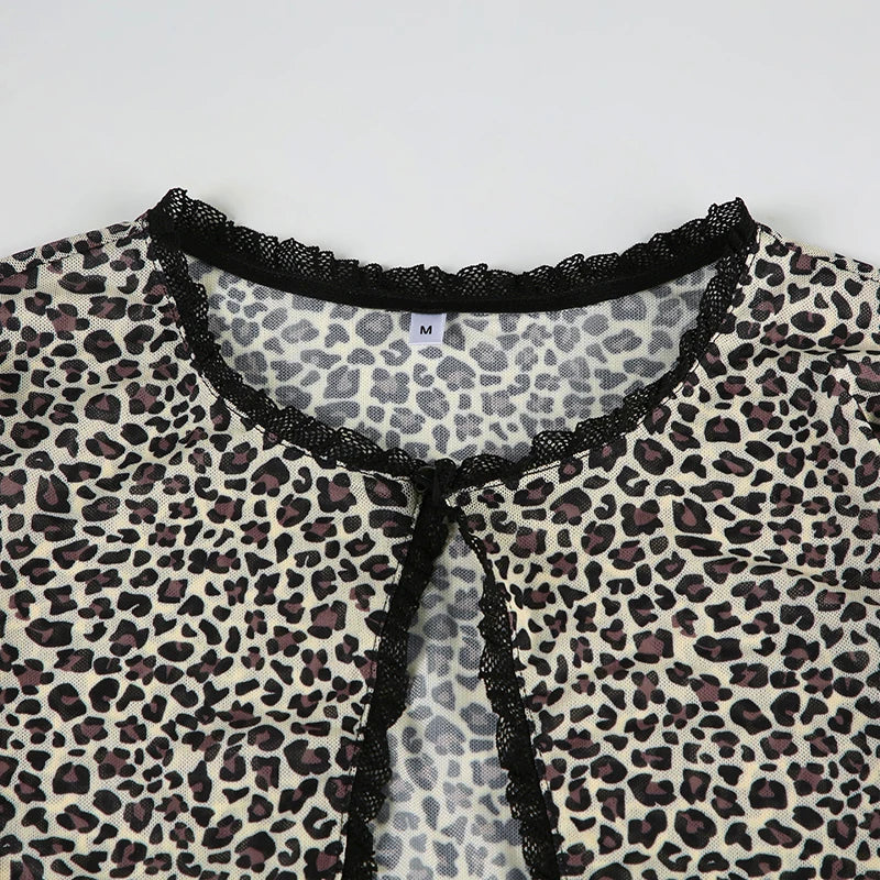 Cyflymder  See Through Leopard Printed Mesh T Shirt Cardigans Sexy Slim Lace Trim O-Neck Long Sleeve Split Tees Women 2025 Summer