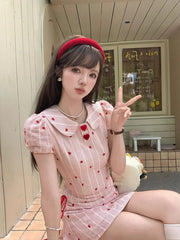 Cyflymder  Sweet Hot Girl Heart Printed Striped Dress for Women's Summer Slim Fit Bubble Sleeves A-line Dress Fashion Female Clothes