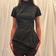 Cyflymder  New Chinese Style Lrregular Stand Collar Short Sleeve T Shirts Y2k High Street Personality Single Breasted Slim Clothes Punk Top