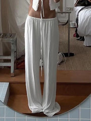 Cyflymder  White Women's Casual Loose Straight Leg Sweatpants Full Length Homewear Pants with Shirring Basic All-Match Trousers