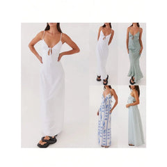 Cyflymder【New style】Womens Summer Long Dress Sleeveless Spaghetti Strap Tie-Up Front Loose Dress Back Cutout Dress