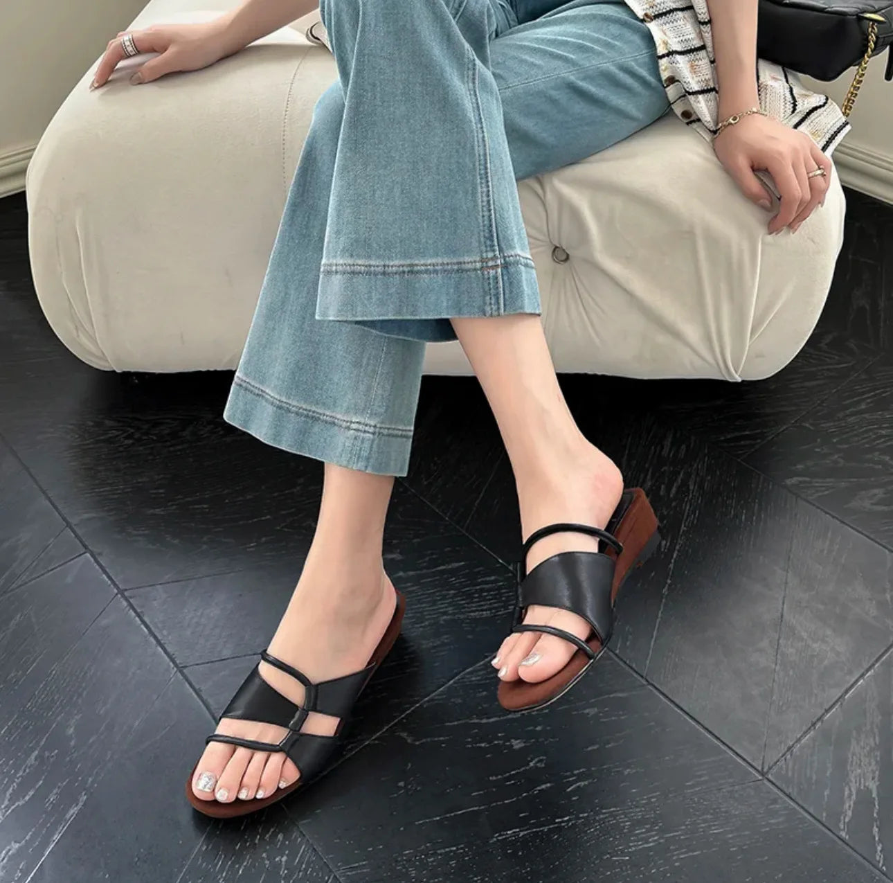 Cyflymder  Slippers Casual Elastic band Low Shoes Woman 2025 On A Wedge Luxury Soft Fabric Slides Hoof Heels Leisure Retro Rubber Rome PU