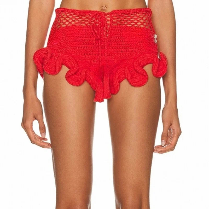 Cyflymder  Women's Crochet Shorts Ruffle Bloomer Beach Summer Cute Y2k Elastic Waist Frilly Mini Micro Knit Shorts
