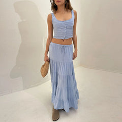 Cyflymder  Womens 2 Piece Maxi Skirt Set Lace Up Sleeveless Tank Top and Flowy Long Skirt VintageY2K Summer Party Beach Outfits