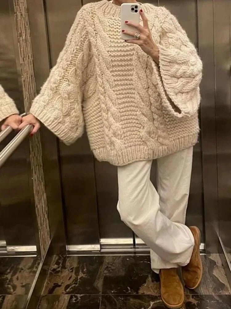 Cyflymder  Retro Knitted Sweater round Ne Bell Sve Casual Comfortable Autumn Winter Women's Faion Commute Loose Fit Polyester Blend