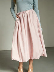 Cyflymder  Bubble Hem Midi Skirt Acetate Cotton  Waist Gathered Side Pockets Summer Casual Clothing Streetwear Solid Color Skirt