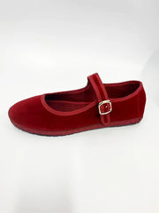 Cyflymder  Velvet Mary Jane Shoes for Women Hand Stitch Casual Streetwear Ballet Flats Pumps Female Solid Color Red Cloth Shoes Loafers