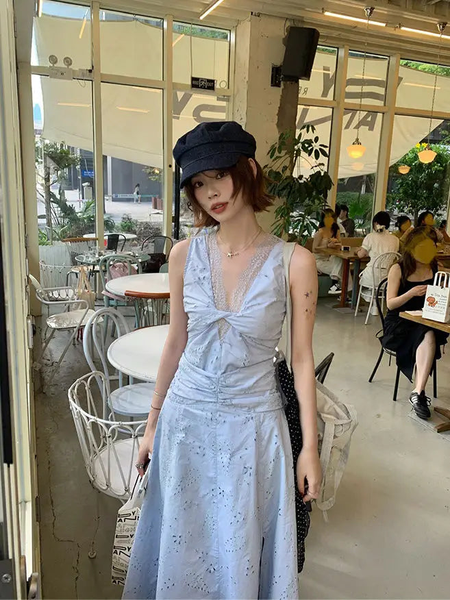 Cyflymder  Dusty Blue Mixed Lace Cutout Sundress Women Waist Defined Sleeveless Flowy Summer Embroidered Tiered Hem Floral Print