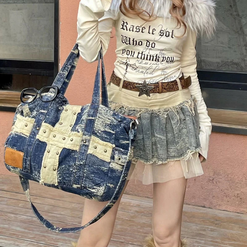 Cyflymder  High-capacity Patchwork Cross Vintage Rivet Shoulder Underarm Bag Grunge Punk Denim Bags Y2k Aesthetic Women Handbags Crossbody