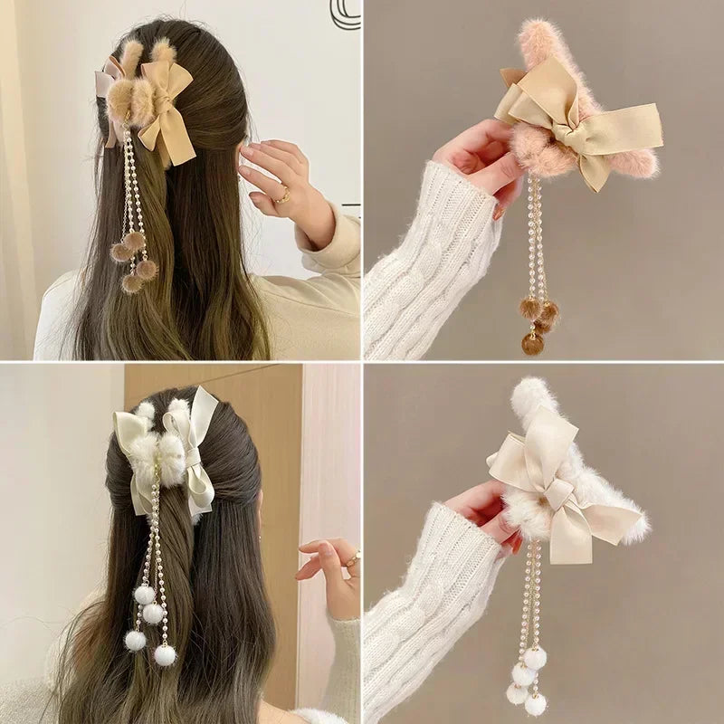 Cyflymder cute winter outfits New Fashion Bow Tassel Pendant Hair Clips Korea Ponytail Plush Shark Claw Girls Fall and Winter Gift Hair Accessories