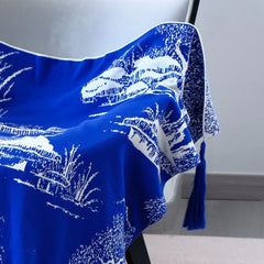 Cyflymder  Ethnic Style Pure Cotton Blue Sofa Blanket Napping Knitted Blanket for Living Room Bedroom Adult Kids Sofa Cover for All Seasons