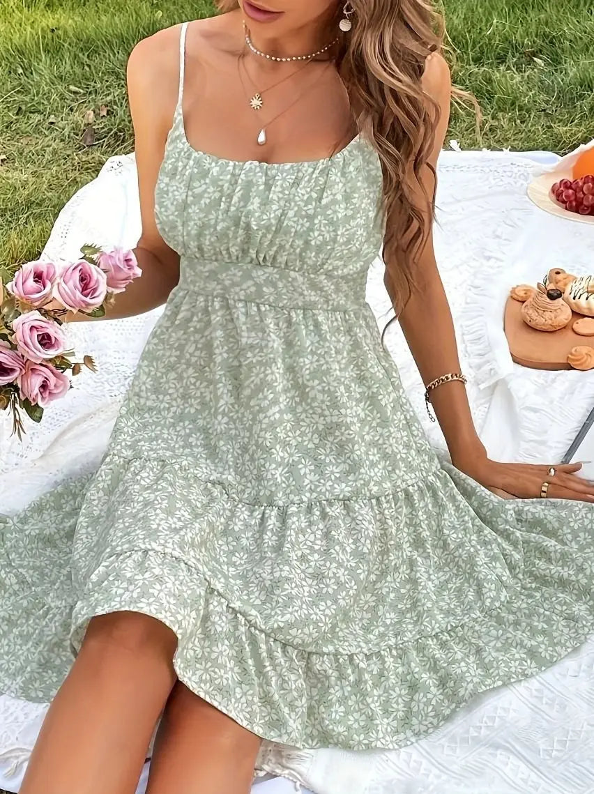 Cyflymder  French Floral Dress for Women's Summer Elegant Ruffle Hem A-line Strap Dress Fashion Female Clothes
