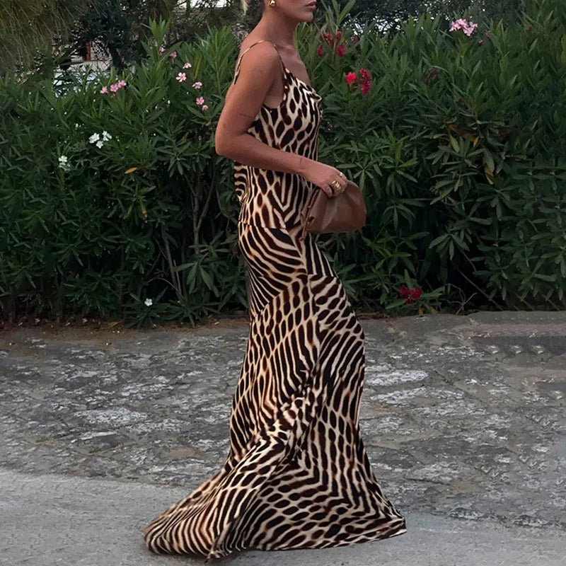 Cyflymder  Lady Casual Holiday Beach Bohemian Dress Vintage Leopard Print Slim Straps Long Dress Spring Summer V Neck Sleeveless Maxi Dress