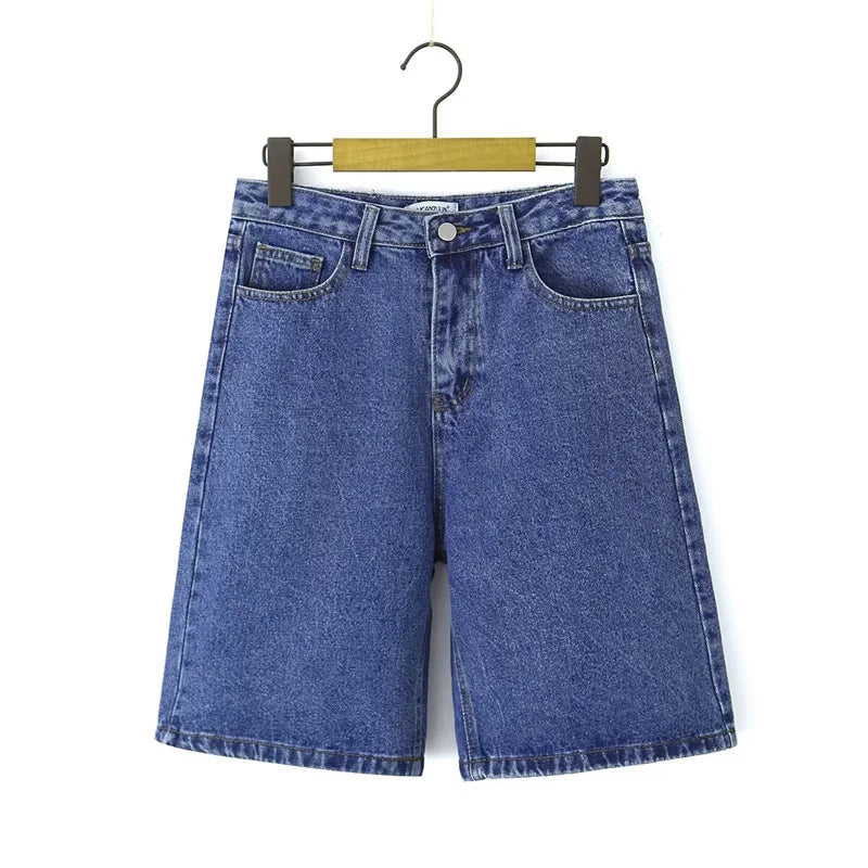 Cyflymder  High Waist Straight Leg Blue Waed Denim orts High Quali Wide Leg Five orts American Retro Deep Blue Jeans orts