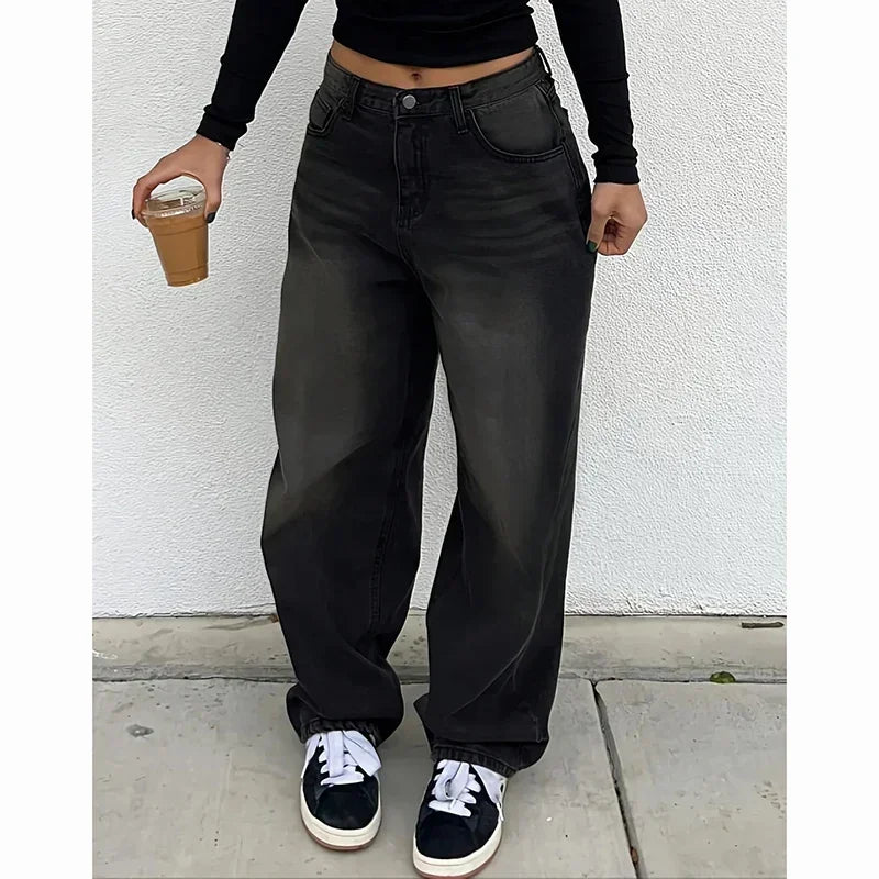Cyflymder  Women Casual Daily Stretchy Low Waist Jeans Women Y2K High Street Denim Pants Female Chic Baggy Straight Wide Leg Trousers
