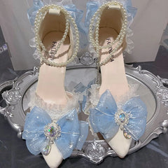 Cyflymder  white blue elegant woman heels lolita shoes y2k heels white heel lace Mary jane shoes women's wedding shoe bridal heels