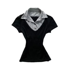 Cyflymder  Slim Polo Collar Pleated Single Breasted Waist Cinch Striped Or Solid Shirt For Women Elegant Chic Office Work Commute Gift